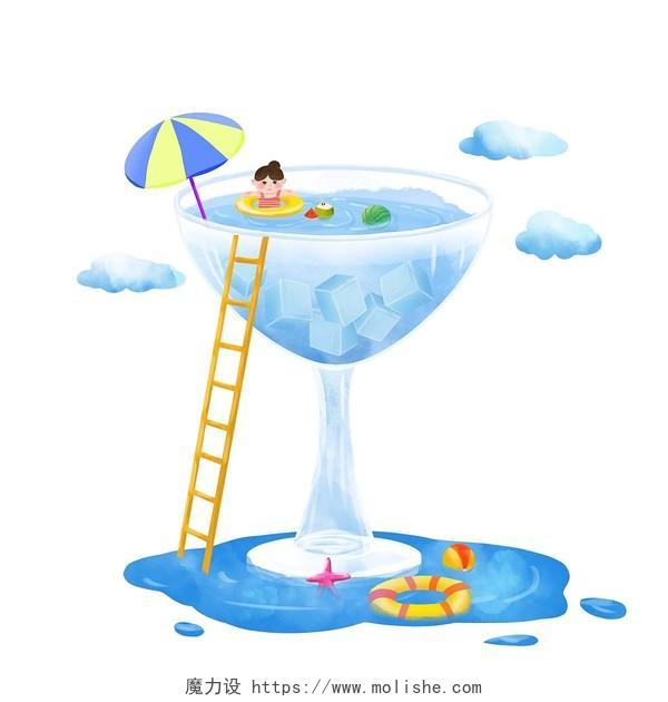 手绘卡通夏天夏季立夏女孩游泳创意杯子插画元素素材